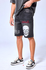OEM Custom Logo Vintage Black Wash Skull Embroidery Denim Shorts | Gothic Baggy Streetwear Jorts