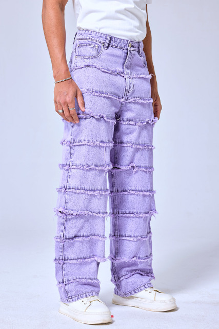 OEM Custom Logo Purple Acid Wash Stacked Fringe Denim Pants - Baggy Distressed Streetwear Jeans