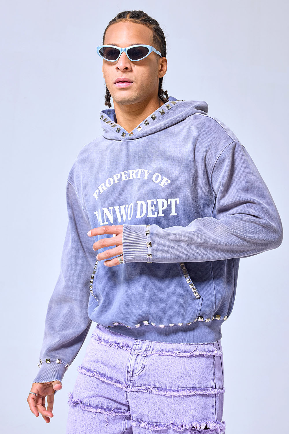 OEM Custom Logo Vintage Washed Purple Studded Hoodie - Heavyweight Streetwear Cropped Boxy Sweatshirt