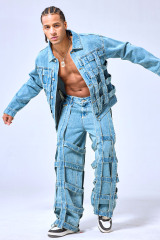 OEM Custom Logo Vintage Light Wash Cage Weave Denim Set - Oversized Streetwear Jacket & Baggy Pants Two-Piece