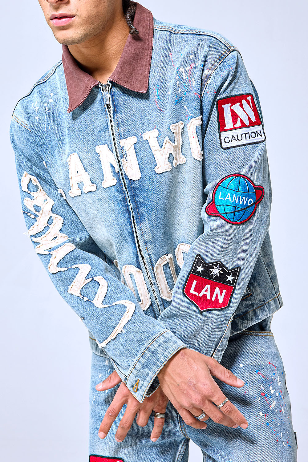 OEM Custom Logo Vintage Light Wash Patchwork Denim Set - 2009 Letterman Style Jacket & Baggy Pants Two-Piece Streetwear