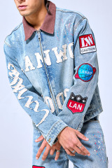 OEM Custom Logo Vintage Light Wash Patchwork Denim Set - 2009 Letterman Style Jacket & Baggy Pants Two-Piece Streetwear
