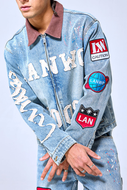 OEM Custom Logo Vintage Light Wash Patchwork Denim Set - 2009 Letterman Style Jacket & Baggy Pants Two-Piece Streetwear