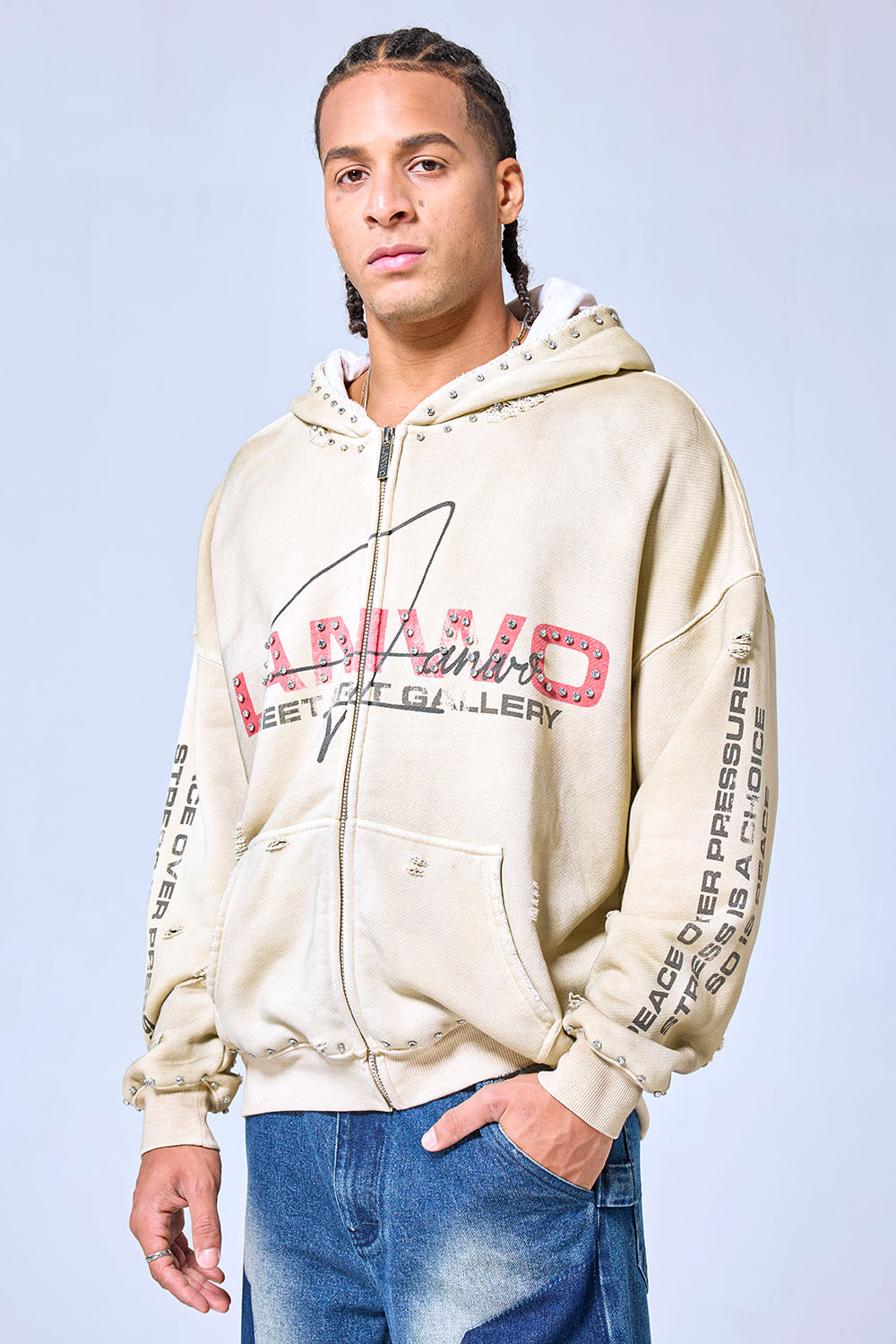 OEM Custom Logo Vintage Washed Beige Studded Zip-Up Hoodie - Distressed Street Art Gallery Oversized Hoodie