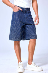 OEM Custom Logo Dark Wash Rhinestone Starburst Denim Shorts - Baggy Sparkly Streetwear Jorts