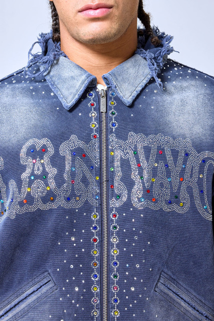 OEM Custom Logo Vintage Washed Blue Rhinestone Denim Jacket - Distressed Y2K Streetwear Studded Trucker Jacket