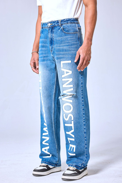 OEM Custom Logo Light Wash LANWO Style Graffiti Print Jeans - Baggy Distressed Streetwear Wide Leg Denim Pants
