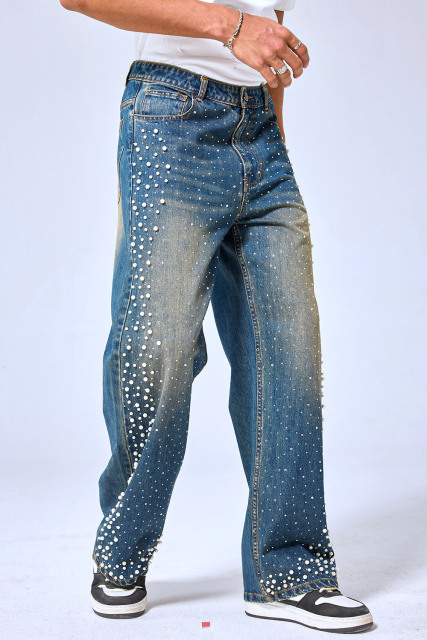OEM Custom Logo Vintage Washed Pearl & Rhinestone Wide Leg Denim Pants - Baggy Streetwear Sparkly Jeans