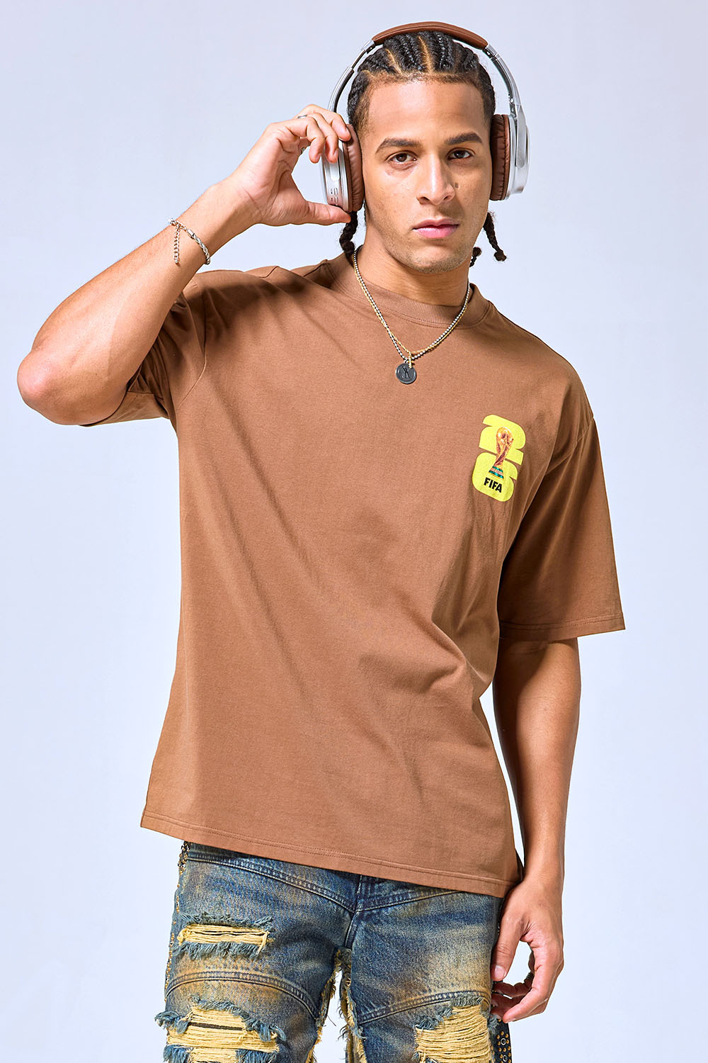 OEM Custom Logo Brown Oversized 2026 FIFA World Cup Graphic T-Shirt - Streetwear Boxy Cotton Tee