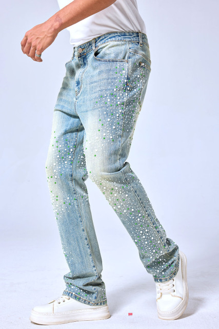 OEM Custom Logo Vintage Light Wash Green & White Rhinestone Stacked Flare Denim Pants - Streetwear Sparkly Jeans