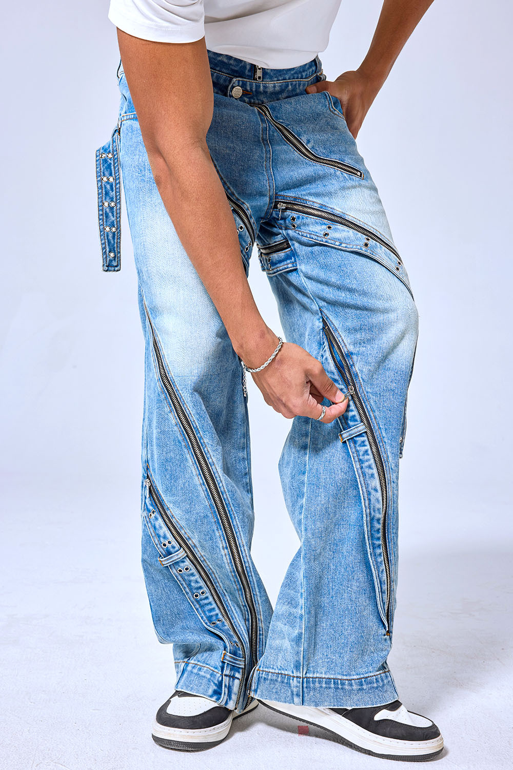 OEM Custom Logo Vintage Light Wash Multi-Zipper Wide Leg Denim Pants - Deconstructed Streetwear Baggy Jeans
