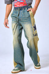 OEM Custom Logo Vintage Two-Tone Star Patch Elastic Waist Wide Leg Jeans - Streetwear Baggy Denim Pants