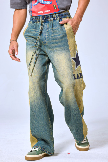 OEM Custom Logo Vintage Two-Tone Star Patch Elastic Waist Wide Leg Jeans - Streetwear Baggy Denim Pants