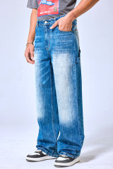 OEM Custom Logo Vintage Faded Blue Wide Leg Baggy Jeans - Streetwear Washed Denim Pants