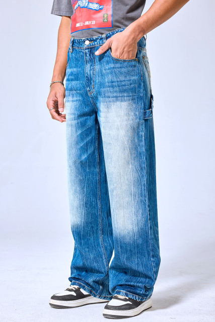 OEM Custom Logo Vintage Faded Blue Wide Leg Baggy Jeans - Streetwear Washed Denim Pants
