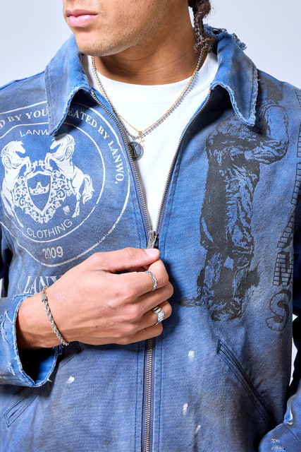 OEM Custom Logo Vintage Washed Blue Flame Print Denim Jacket - Distressed Y2K Streetwear Graphic Trucker Jacket