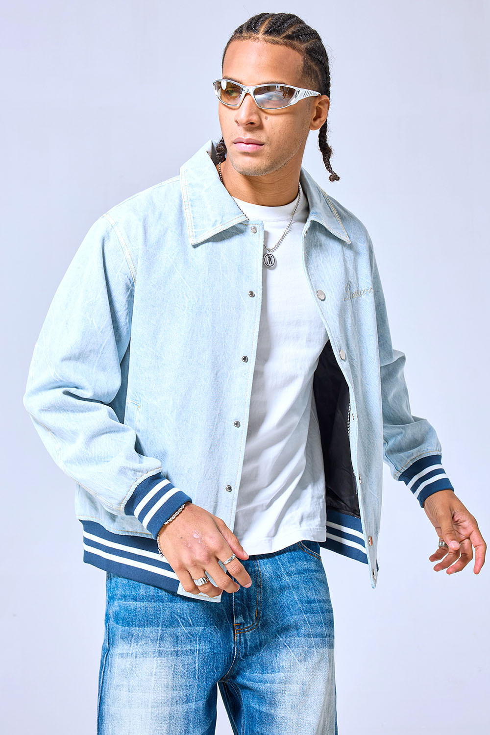OEM Custom Logo Light Wash Denim Varsity Jacket - Casual Streetwear Embroidered Letterman Style Coat