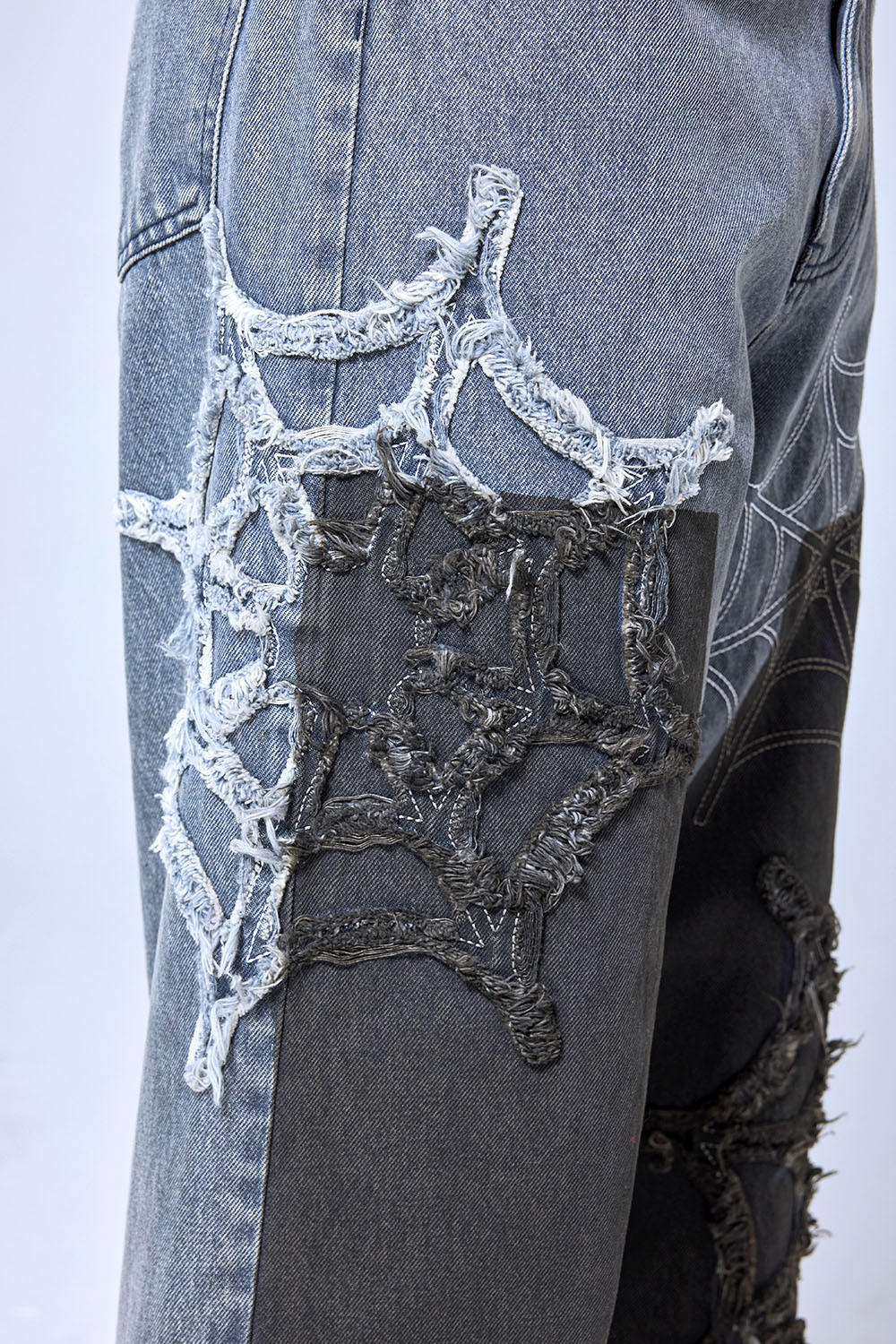 OEM Custom Logo Spiderweb Patchwork Baggy Jeans - Gothic Streetwear Distressed Wide Leg Denim Pants