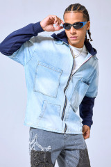 OEM Custom Logo Two-Tone Denim Hoodie Jacket - Layered Streetwear Zip-Up Shirt