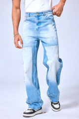 OEM Custom Logo Two-Tone Patchwork Baggy Jeans - Vintage Washed Wide Leg Denim Pants
