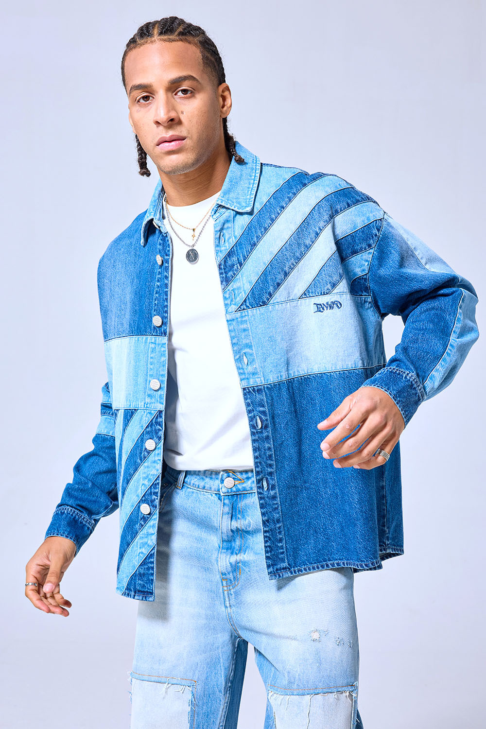 OEM Custom Logo Patchwork Denim Shirt Jacket - Color Block Streetwear Button-Up Shacket