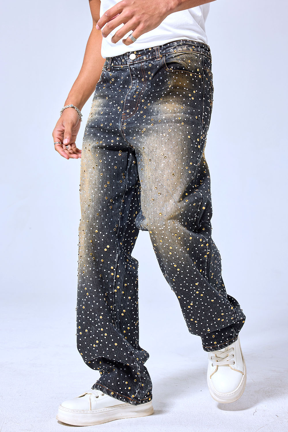 OEM Custom Logo Rhinestone Studded Baggy Jeans - Vintage Black Wash Wide Leg Denim Pants