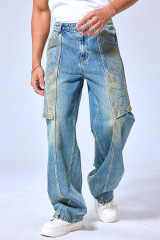 OEM Custom Floral Embroidered Baggy Jeans - Vintage Washed Blue Wide Leg Streetwear Denim Pants