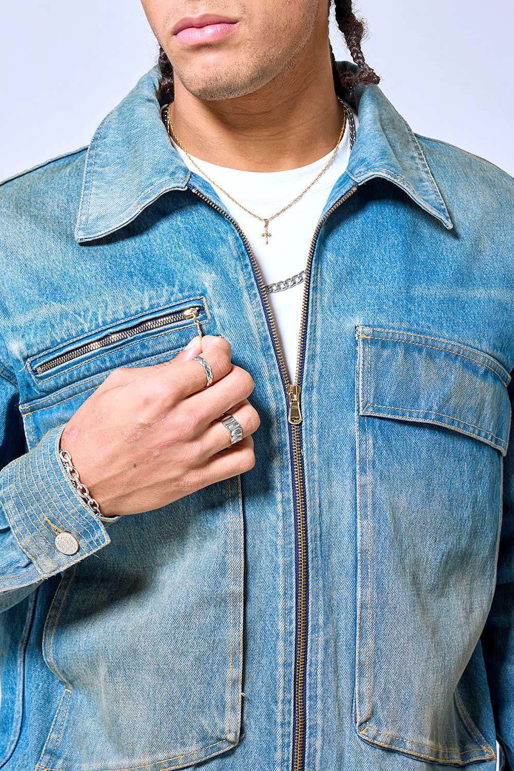 OEM Custom Logo Vintage Washed Denim Work Jacket - Streetwear Zip-Up Utility Trucker Coat