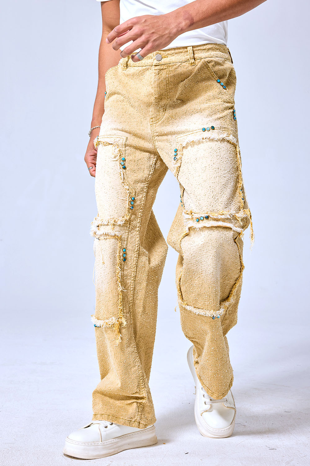 OEM Custom Turquoise Studded Patchwork Baggy Jeans - Vintage Sand Wash Wide Leg Streetwear Denim Pants