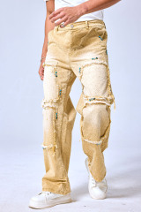 OEM Custom Turquoise Studded Patchwork Baggy Jeans - Vintage Sand Wash Wide Leg Streetwear Denim Pants
