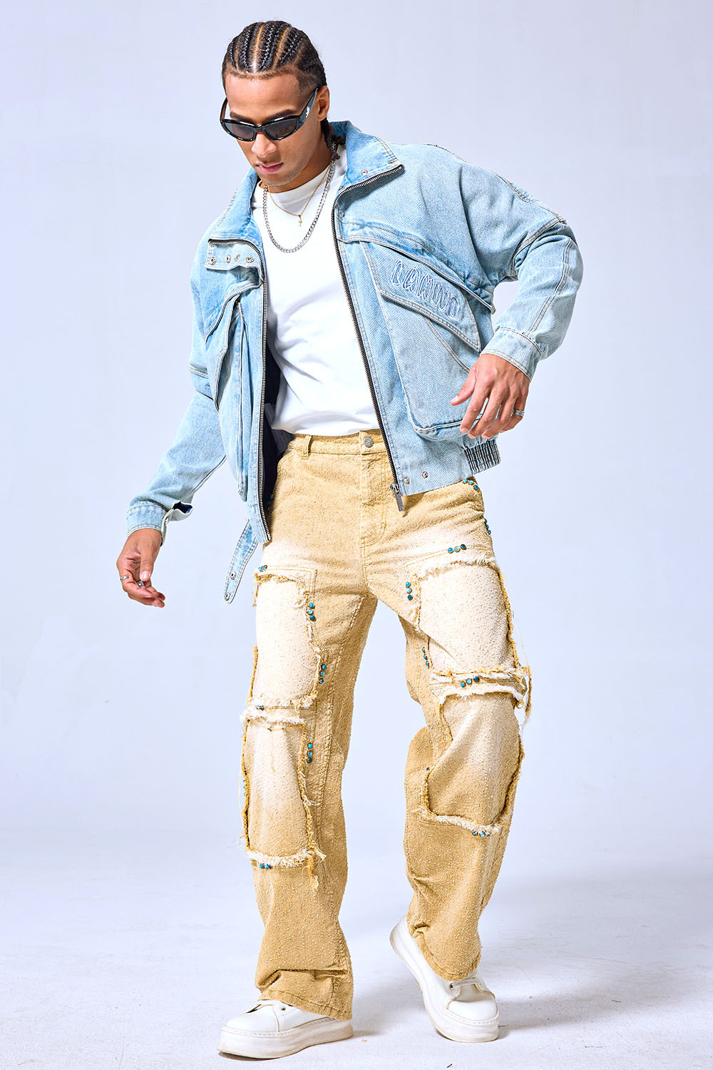 OEM Custom Logo Light Wash Denim Bomber Jacket - Streetwear Multi-Zip Deconstructed Coat