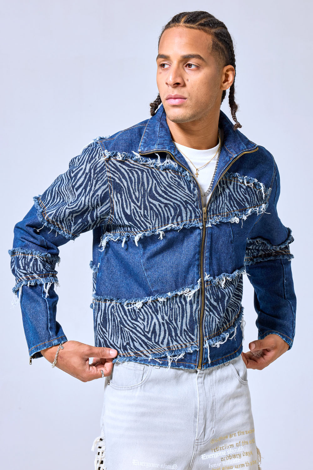 OEM Custom Zebra Print Patchwork Denim Jacket - Distressed Raw Edge Streetwear Zip-Up Coat