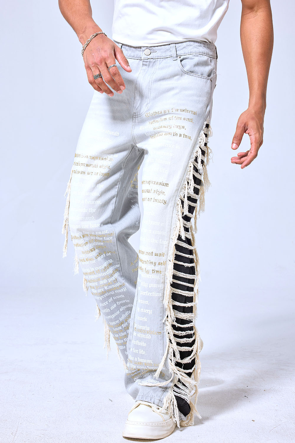 OEM Custom Embroidered Poem Baggy Jeans - Light Wash Fringe Side Stripe Streetwear Denim Pants