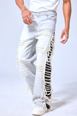 OEM Custom Embroidered Poem Baggy Jeans - Light Wash Fringe Side Stripe Streetwear Denim Pants