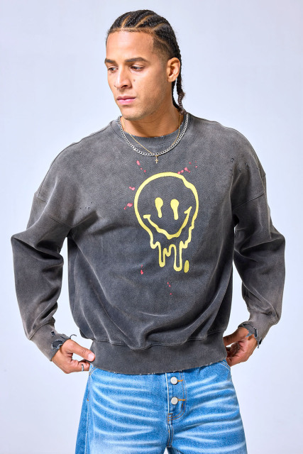 OEM Custom Melting Smiley Distressed Crewneck Sweatshirt - Vintage Washed Black Streetwear Pullover
