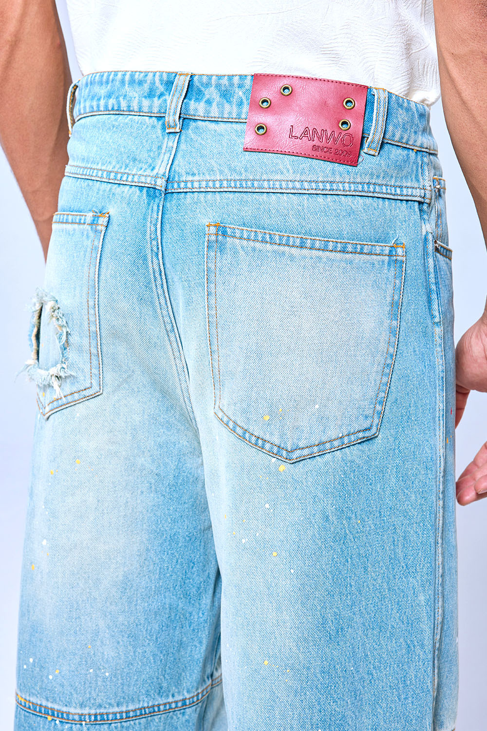 OEM Custom Logo Vintage Light Wash Paint Splatter Cargo Wide Leg Denim Pants Streetwear Baggy Jeans