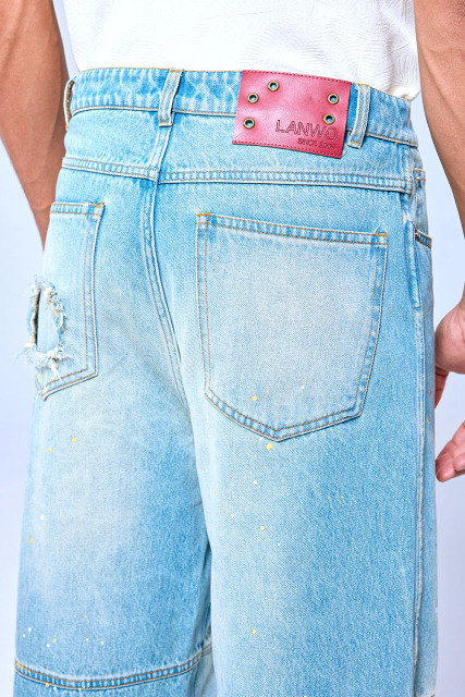 OEM Custom Logo Vintage Light Wash Paint Splatter Cargo Wide Leg Denim Pants Streetwear Baggy Jeans