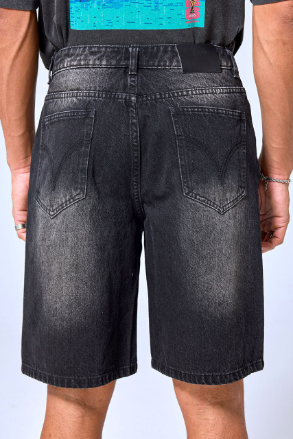 OEM Custom Logo Vintage Black Wash Skull Embroidery Denim Shorts | Gothic Baggy Streetwear Jorts