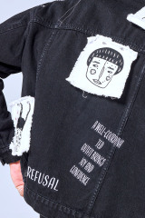 OEM Custom Logo Vintage Black Denim Jacket - Cartoon Patchwork Graffiti Streetwear Trucker Jacket