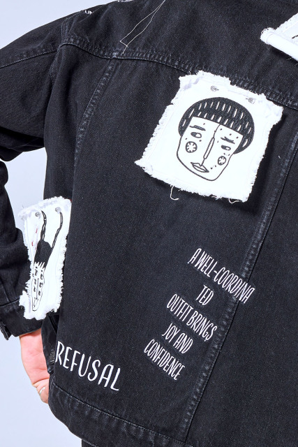 OEM Custom Logo Vintage Black Denim Jacket - Cartoon Patchwork Graffiti Streetwear Trucker Jacket