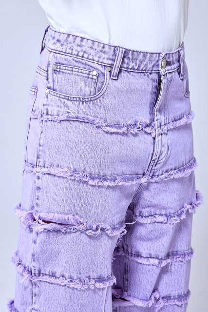 OEM Custom Logo Purple Acid Wash Stacked Fringe Denim Pants - Baggy Distressed Streetwear Jeans