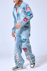 OEM Custom Logo Vintage Light Wash Patchwork Denim Set - 2009 Letterman Style Jacket & Baggy Pants Two-Piece Streetwear