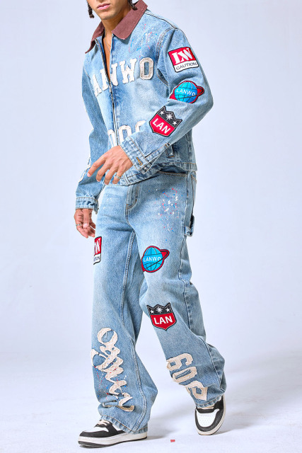 OEM Custom Logo Vintage Light Wash Patchwork Denim Set - 2009 Letterman Style Jacket & Baggy Pants Two-Piece Streetwear
