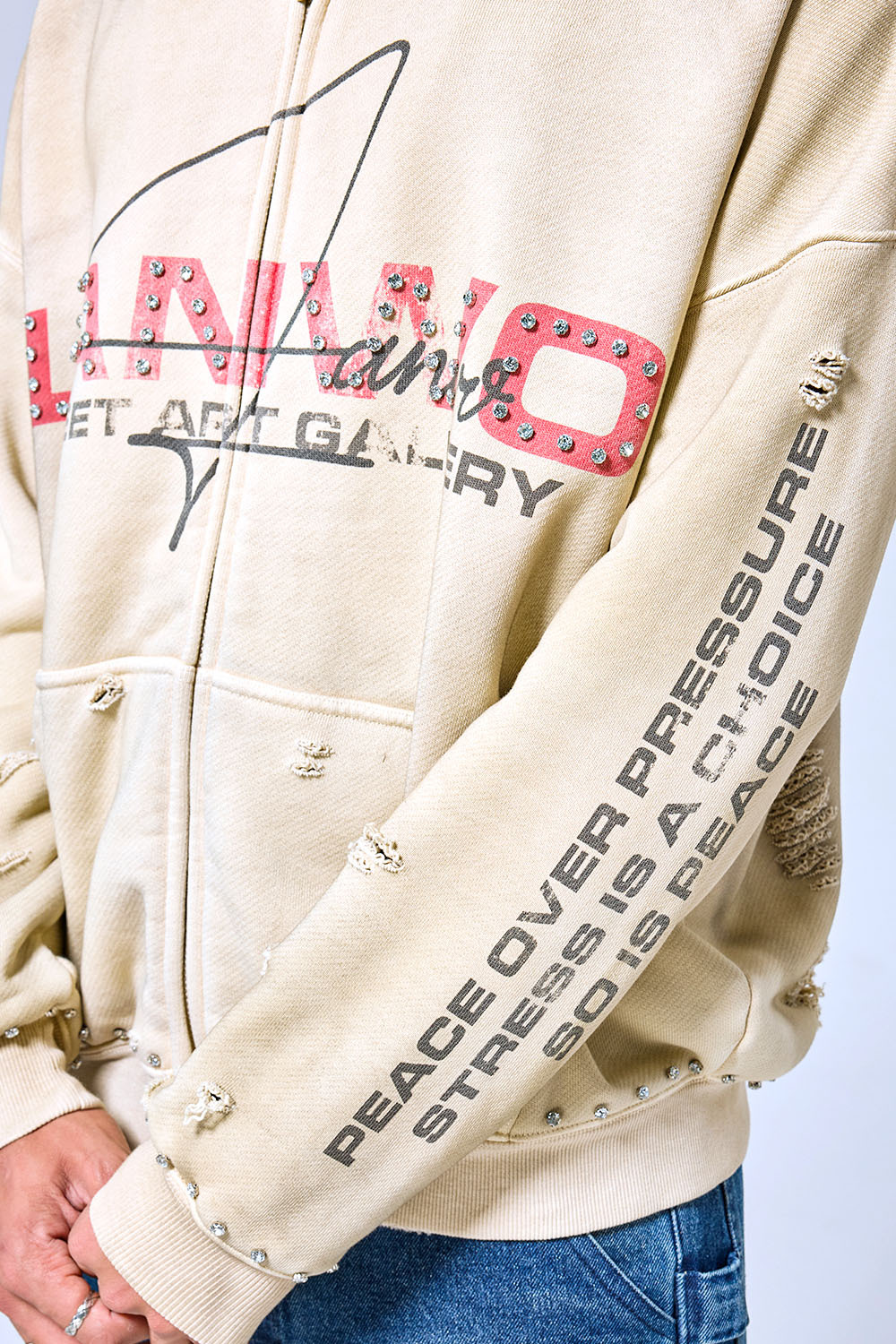 OEM Custom Logo Vintage Washed Beige Studded Zip-Up Hoodie - Distressed Street Art Gallery Oversized Hoodie