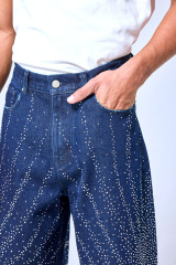 OEM Custom Logo Dark Wash Rhinestone Starburst Denim Shorts - Baggy Sparkly Streetwear Jorts