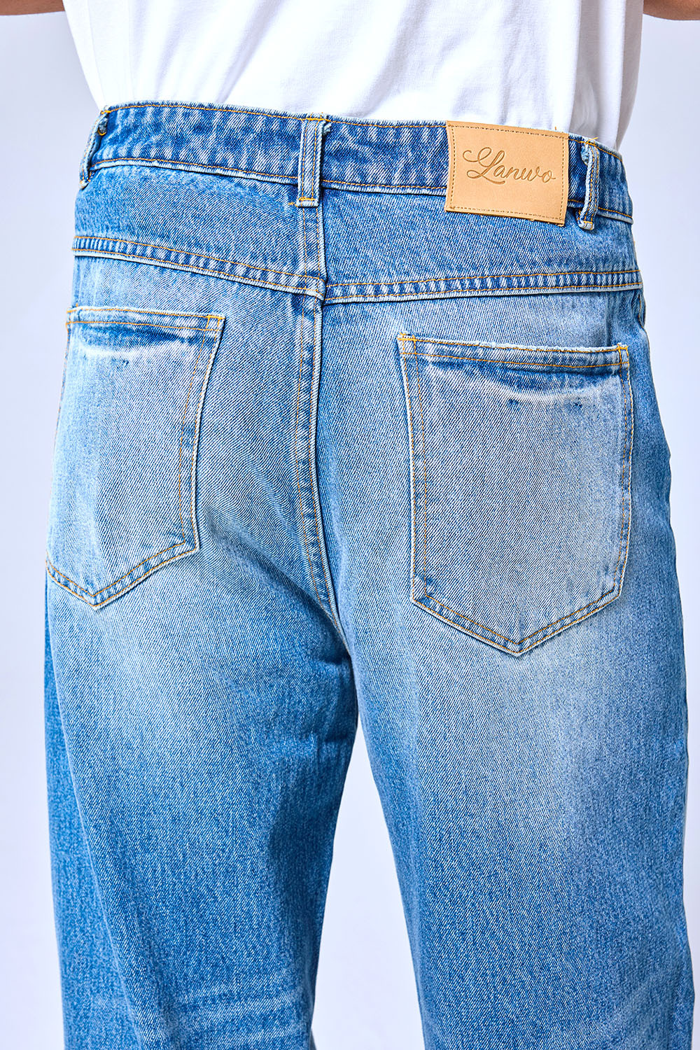 OEM Custom Logo Light Wash LANWO Style Graffiti Print Jeans - Baggy Distressed Streetwear Wide Leg Denim Pants