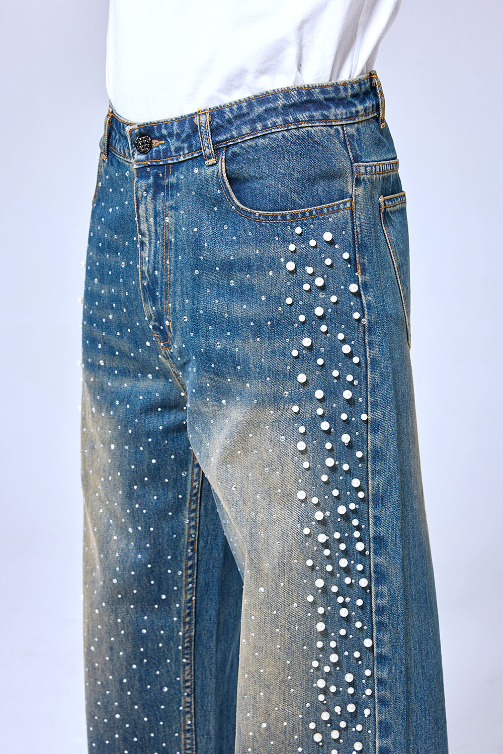 OEM Custom Logo Vintage Washed Pearl & Rhinestone Wide Leg Denim Pants - Baggy Streetwear Sparkly Jeans