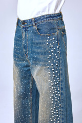 OEM Custom Logo Vintage Washed Pearl & Rhinestone Wide Leg Denim Pants - Baggy Streetwear Sparkly Jeans