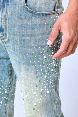 OEM Custom Logo Vintage Light Wash Green & White Rhinestone Stacked Flare Denim Pants - Streetwear Sparkly Jeans