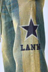 OEM Custom Logo Vintage Two-Tone Star Patch Elastic Waist Wide Leg Jeans - Streetwear Baggy Denim Pants